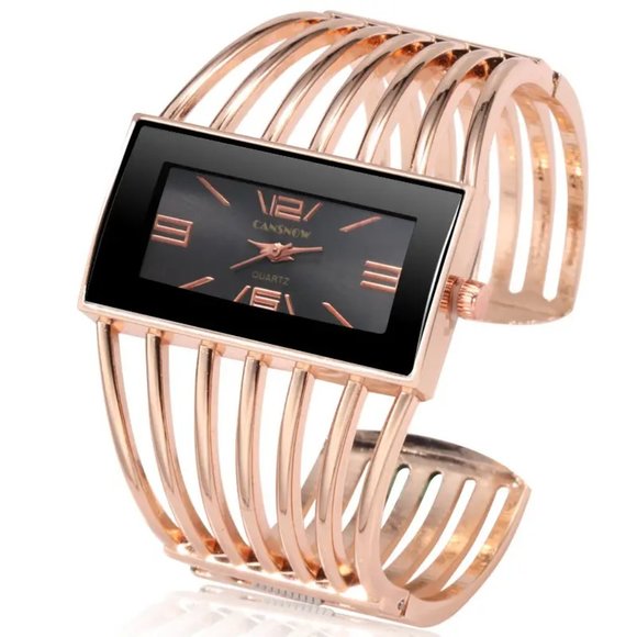 Women Rectangular Cuff Bracelet Watch Fashion Rosh Gold with Black Dial - Picture 1 of 5